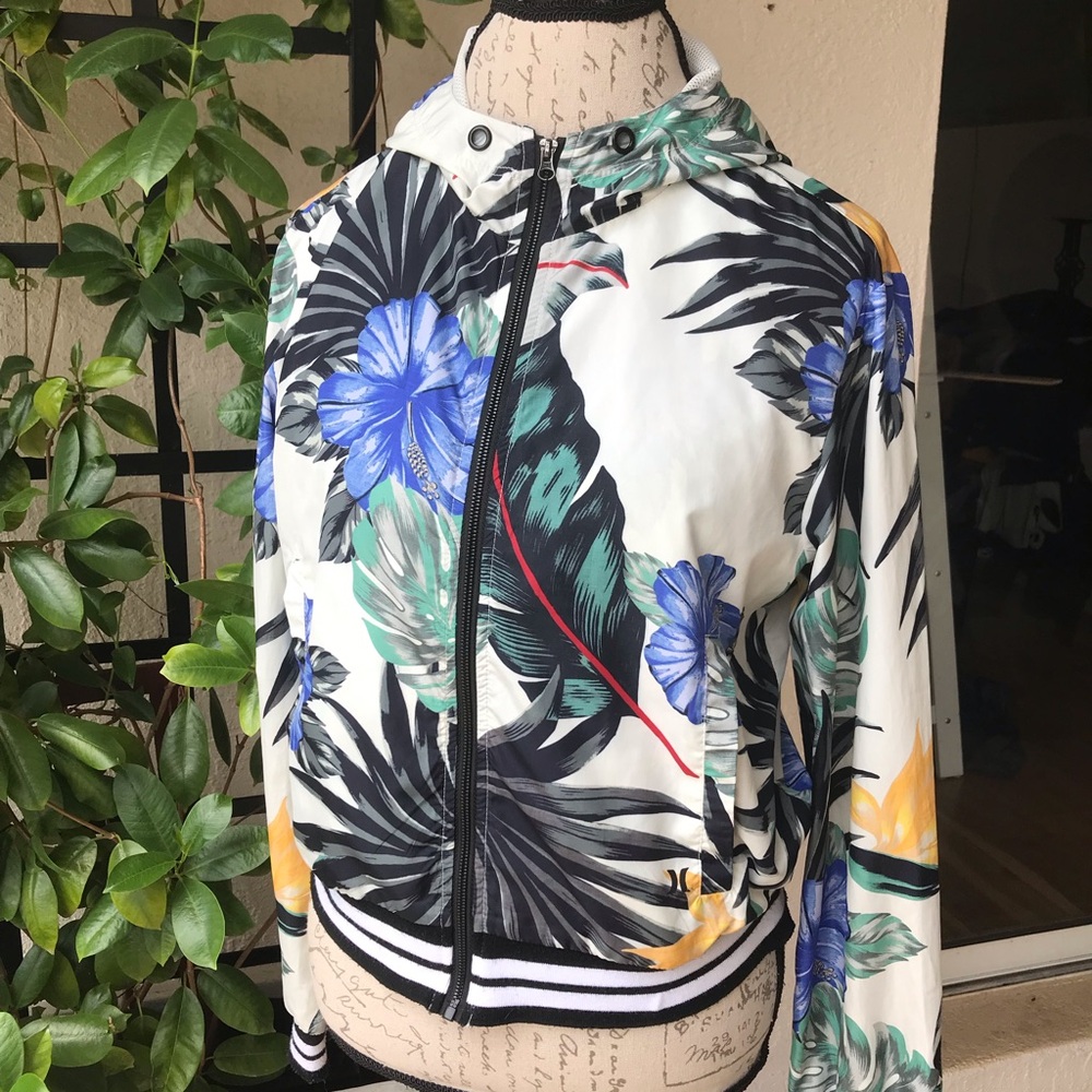 Hurley Hooded TROPICAL FLORAL PALM FROND PALM LEAVES HIBISCUS FLOWER WINDBREAKER